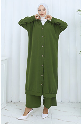 sefamerve Buttoned Cardigan and Trousers Two-Piece Set 0138-04 Khaki