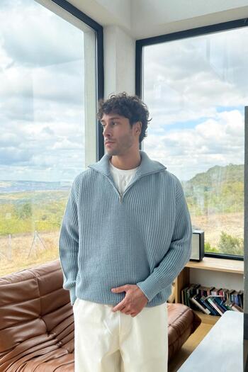 Flaw Wear Basic Blue Zip Sweater