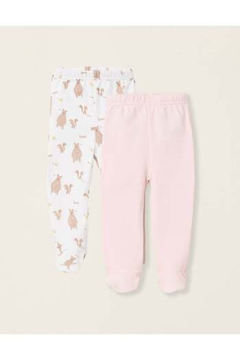 Ziddy Pack of 2 Footed Trousers for Baby Girls 'Family Love', Pink/White