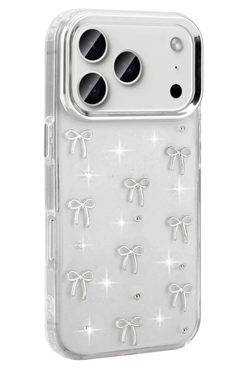 SOLİD CASE iPhone 17 Pro Case Bow Pattern Transparent Glitter Silver Camera Protruding Shiny Cover