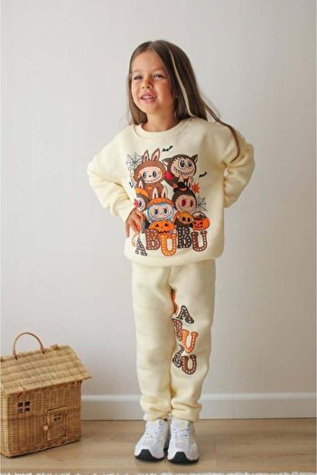 Canlook Labubu Detailed Hooded Girl's Suit Winter Cotton Tracksuit Set
