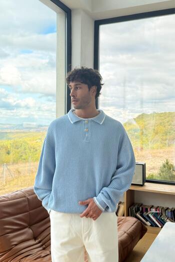 Flaw Wear Buttoned Polo Neck Blue Knitwear Sweater