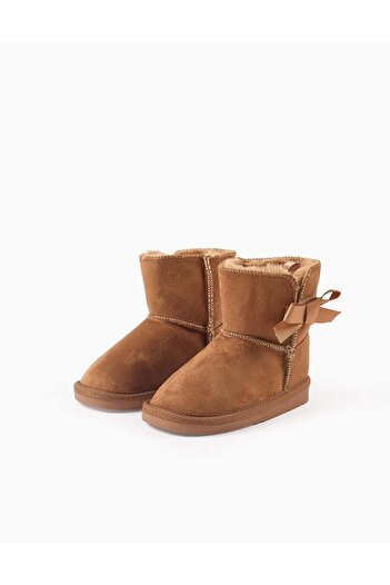 Ziddy Boots with Touch-Fastener Bow and Furry Lining for Baby Girls, Camel