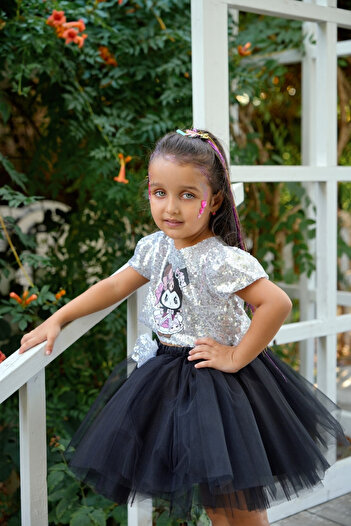 DUCA KIDS Kuromi Temalı Payetli Bluz Siyah Tül Set