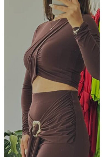 Kinzi Bodycon Crew Neck Long Sleeve Brown Crop Blouse