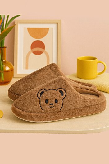 Moda Frato Fluffy Teddy Bear Patterned Women's Home Slippers Winter Wool Slippers Soundproof Casual Comfortable Slippers with Wool Inside