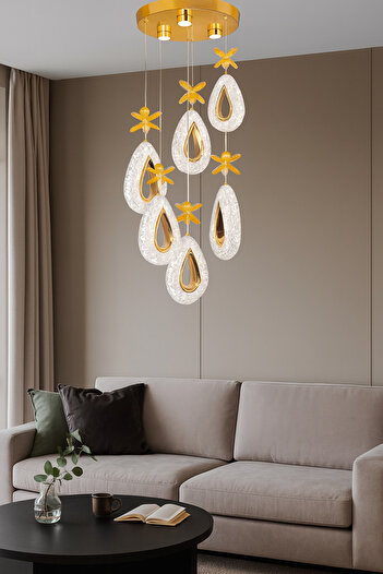 Fer Avize Arel 6lı Modern Led Avize Gold Renk Kristal Görünüm Gün Işığı Enerji Tasarruflu Salon Yemek Odası