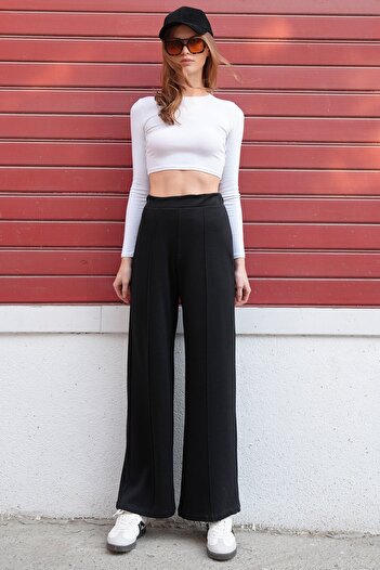VAGGON Women's Black High Waist Elastic Waist Striped Palazzo Pants Vs01226