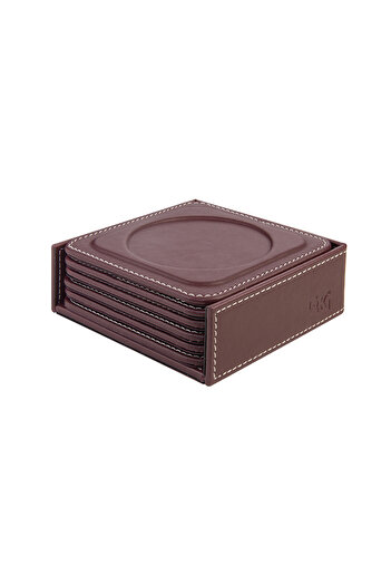 2K Coasters, Set of 6, Desktop Round Cup Coaster, Vegan Faux Leather, 11X11 Cm., Burgundy
