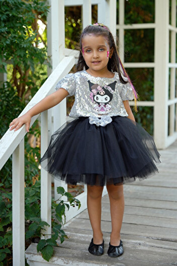 DUCA KIDS Kuromi Temalı Payetli Bluz Siyah Tül Set