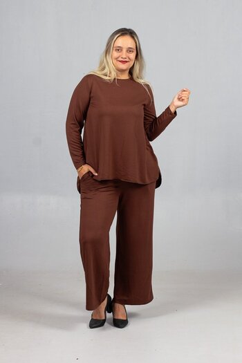 Truva XXL Warm Coffee Tone: Lycra 2-Thread Combed Cotton Suit |   Back Long Bottom Top Combination
