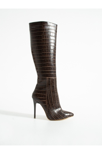 ALEMDAR AYAKKABI Loretta Brown Crocodile Below-The-Knee Thin Heeled Women's Boots