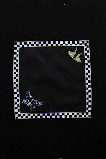 YXL HOME American Service 2-Piece Checkerboard Patterned Butterfly Embroidered Square 100% Linen Dining Table Set