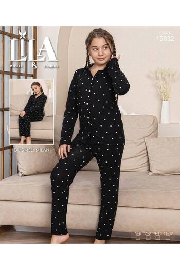 Lila Girls' Cotton Milan Fabric Button-Down Shirt Collar Pajama Set (Can Be Purchased One Size Larger)