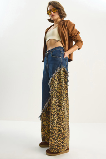 Bianco Lucci Women's Asymmetrical Leopard Detailed Wide Leg Denim Trousers 5285 60283611