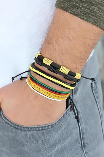 BESKAR Yellow Color Studded Leather Men's Bracelet Combination