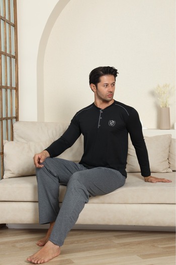 LİLA İÇ GİYİM Men's Cotton Long Sleeve Black Pajama Set