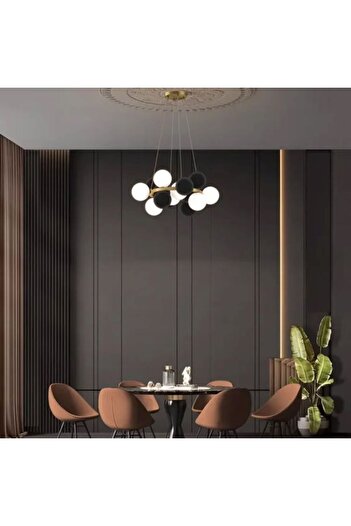 OEM Modern chandelier, 8 white globes + 8 black velvet globes, gold body color