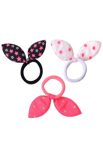 OEM Terry Hair Elastics with Bows Fuchsia Black White Polka Dots Stars - 6pcs