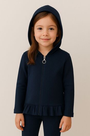 Ugly Duck 5-14 Years Old Girls' Navy Blue Hooded Zippered Cotton Cardigan