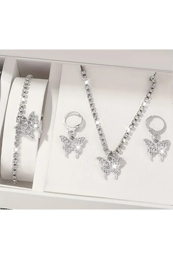 Visale Store Silver Color Butterfly Earrings, Necklace and Bracelet Set with Zircon Stone