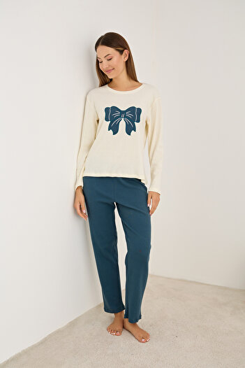 Siyah İnci Petrol Bow Embroidered Cotton Ribbed Camisole Knitted Pajama Set25226012