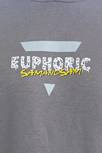 Sam and Sam Γυναικείο φούτερ με κουκούλα σε γκρι χρώμα Oversize 3 Thread – Με στάμπα στο μανίκι