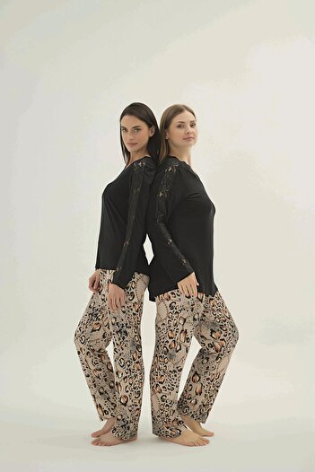 Sevim Women's Plus Size Black Long Sleeve Lace Detailed Pajama Set C0T7N961