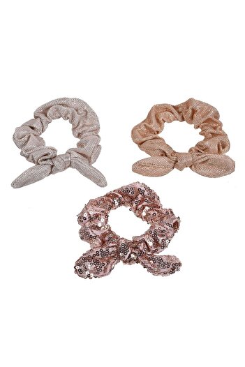 OEM Nude Textile Hair Elastics with Lurex Bow & Sequins for Children - 3pcs