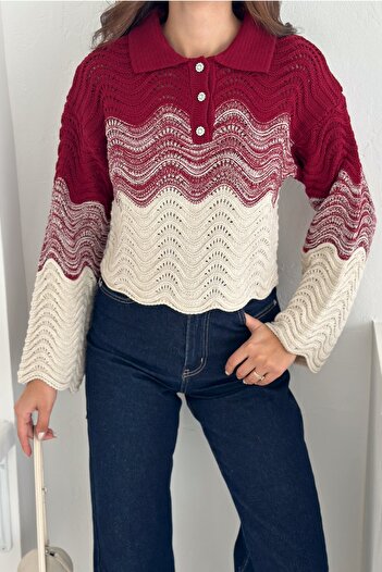 FEMELLE Women's Burgundy Knitted Sweater with Stone Button Detail Standard Size