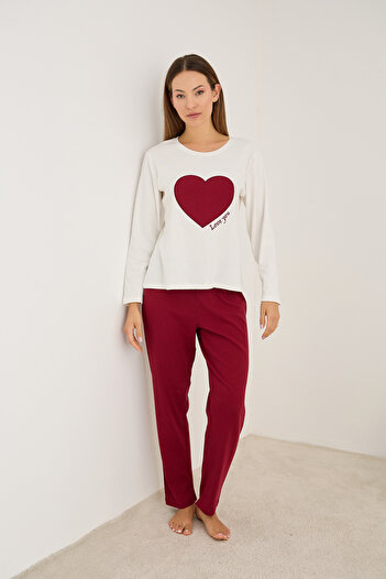 Siyah İnci Burgundy Heart Embroidered Cotton Ribbed Camisole Knitted Pajama Set25226013