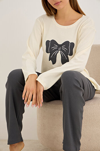 Siyah İnci Smoked Bow Embroidered Cotton Ribbed Camisole Knitted Pajama Set25226012