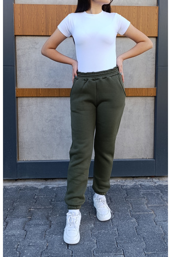 siyalife High Waist Elasticated Leg 3-Thread Ribbed Sweatpants with Pockets