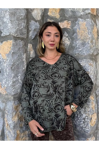 Punta Otantik Nc1128 Italian V-Neck Rose Pattern Knitwear Blouse Khaki
