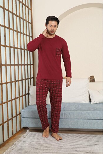 STELLAPİNK Erkek Penye Ekoseli Siyah Uzun Pijama Takımı