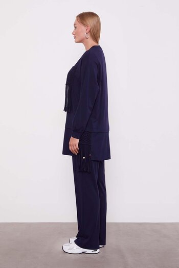 Levidor Navy Blue Straw Tassel Detailed Double Suit