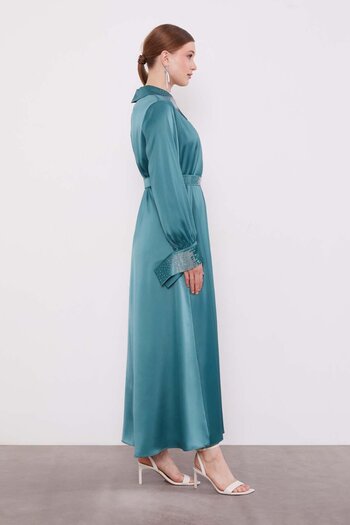 Levidor Green Stone Detailed Satin Dress