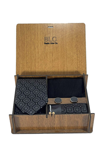 BLC Basic Line Co. Black Color Tie Set in Wooden Box |   Tie |   Pocket Tissue |   Cufflink |   Socks