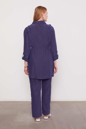 Levidor Navy Blue Embroidered Shoulder Detail Cupra Two-Piece Set
