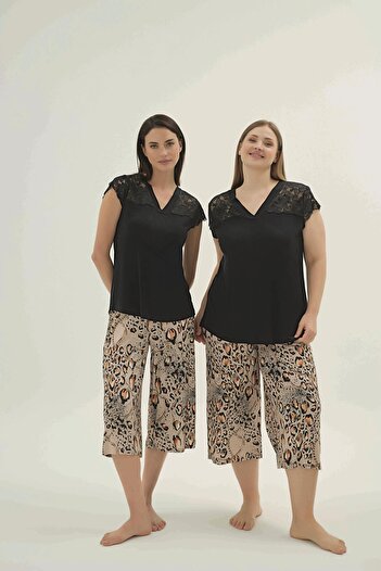 Sevim Women's Plus Size Short Sleeve Lace Detail V-Neck Capri Pajama Set C1T7N961