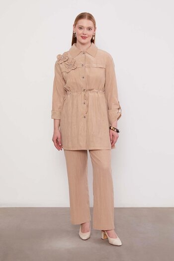 Levidor Beige Embroidered Shoulder Detail Cupra Two-Piece Set