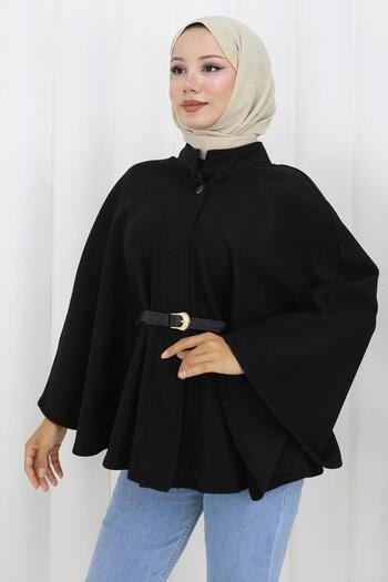 hafsamina Belted Cashmere Poncho Black Hm2842