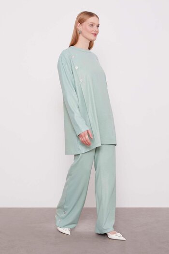 Levidor Mint Green Button Detailed Crew Neck Two-Piece Set
