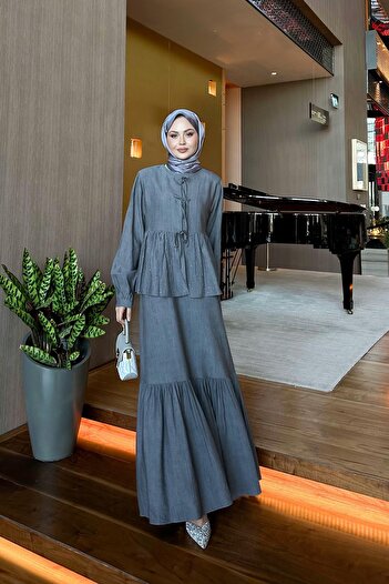 Levidor Gray Bow Detailed Jacket Dress