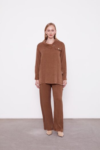Levidor Brown Zipper Collar Button Pocket Detailed Tunic Set