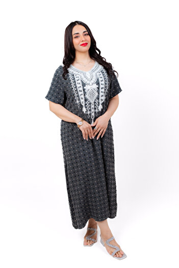 amaan Women's Embroidered Midi Jalabiya, Traditional Yoke Design, CEY Fabric, Round Neck, Dress,