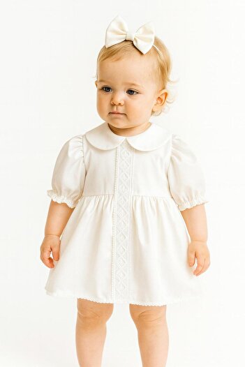 Hobidik Baby Baby Girl Kids Off-White Satin Front Lace Detailed Dress