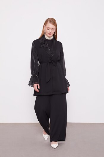 Levidor Black Triple Tassel Cuff Detailed Jacket Set