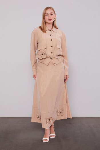 Levidor Beige Rose Detailed Cupra Skirt Suit