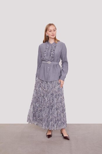 Levidor Gray Belt Detailed Pleated Skirt Set